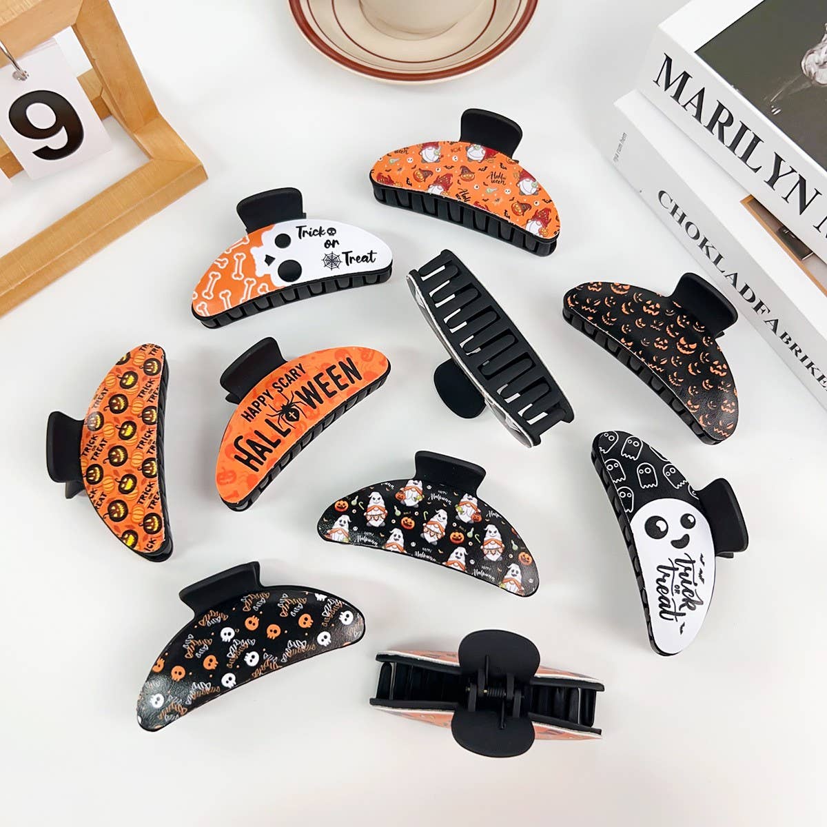 Gothic Halloween Claw Clip, Pumpkin & Ghost Design_CWAHA1443