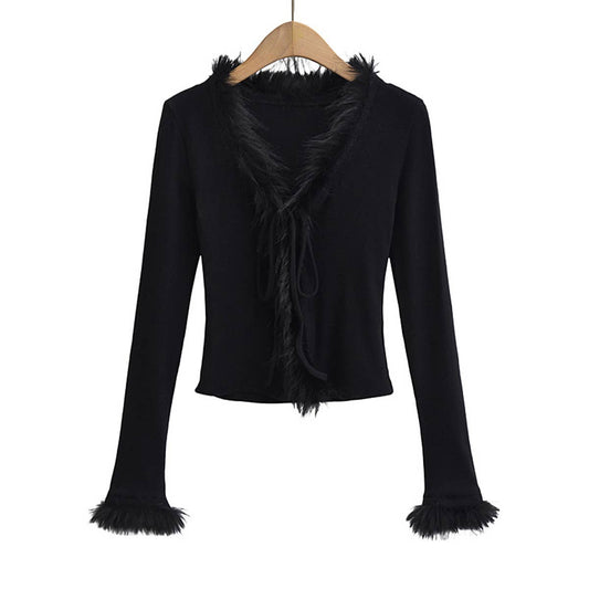 WOOLLY PATCHWORK STRAP SLIM-FIT V-NECK CARDIGAN