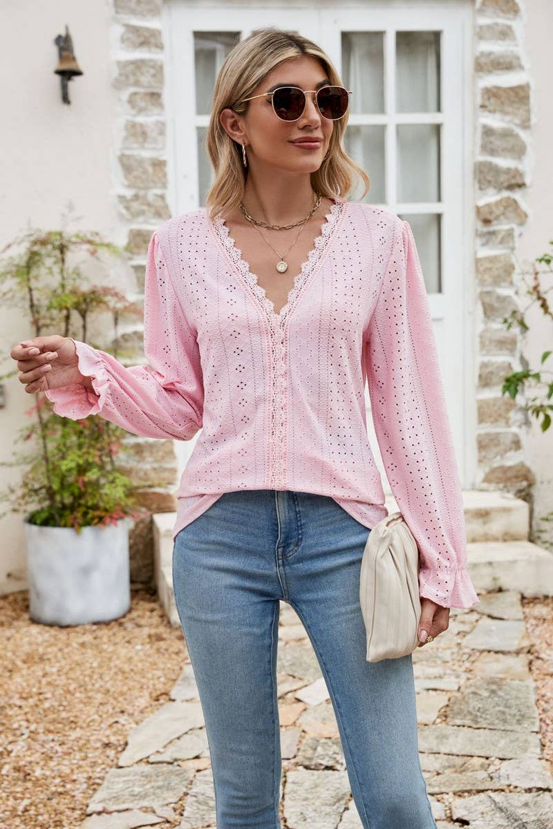 CWTBLL1045_SOLID COLOR V-NECK EYELET LOOSE TOP