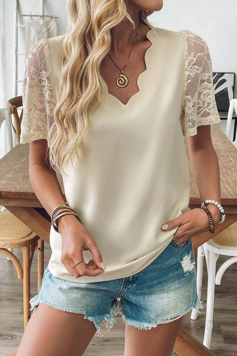 CWTBLS1860_SOLID COLOR CASUAL V-NECK LACE TOP