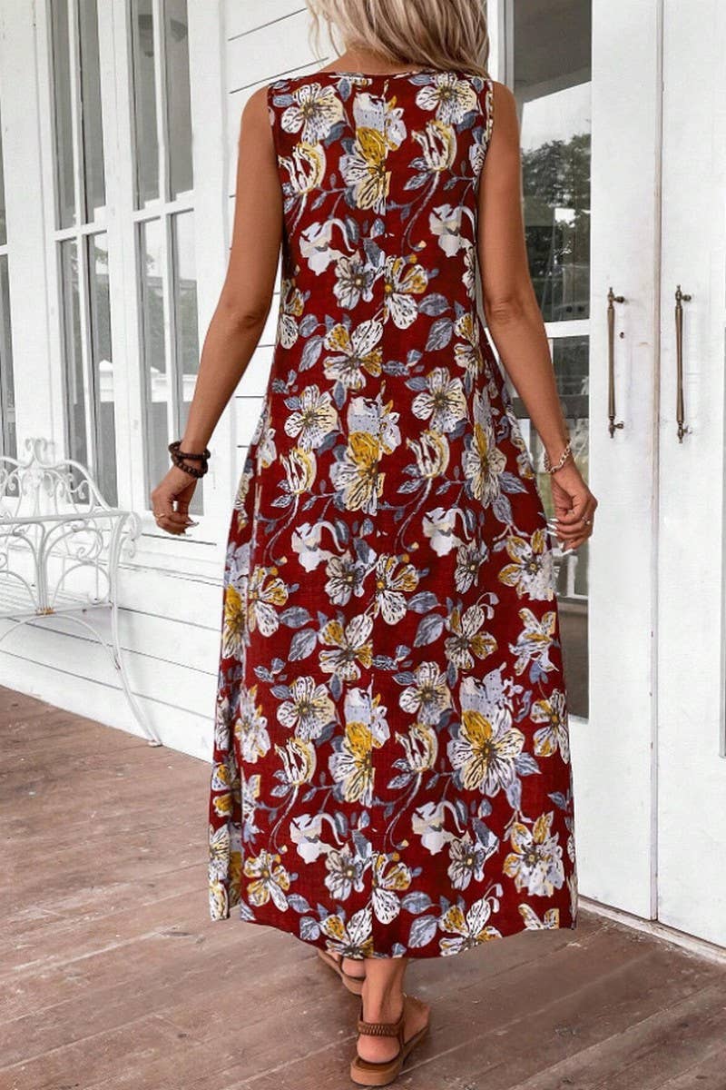 CWDMD5872_SLEEVELESS FLORAL PRINT ROUND NECK A-LINE DRESS