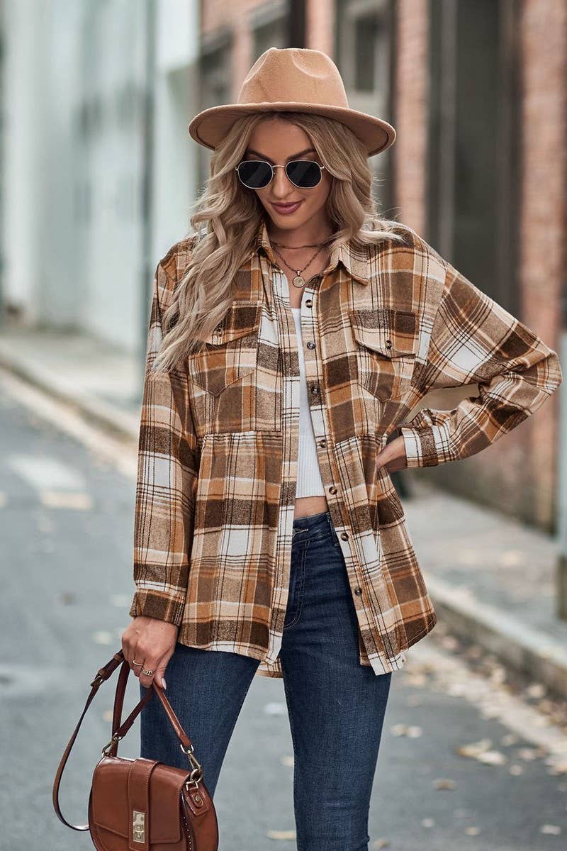 CWTSTL2484_LAPEL LONG SLEEVE POCKET CASUAL PLAID SHIRT