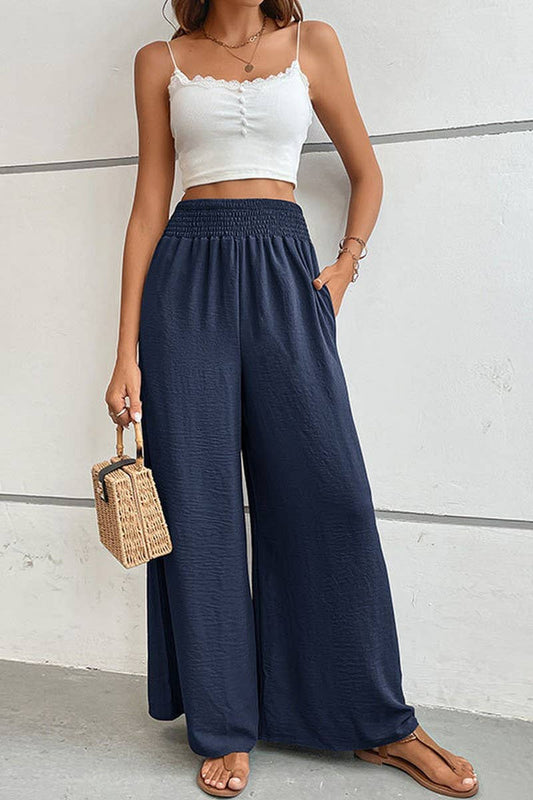 CWBLP00931_HIGH WAIST SOLID ELASTIC WIDE LEG CASUAL PANTS