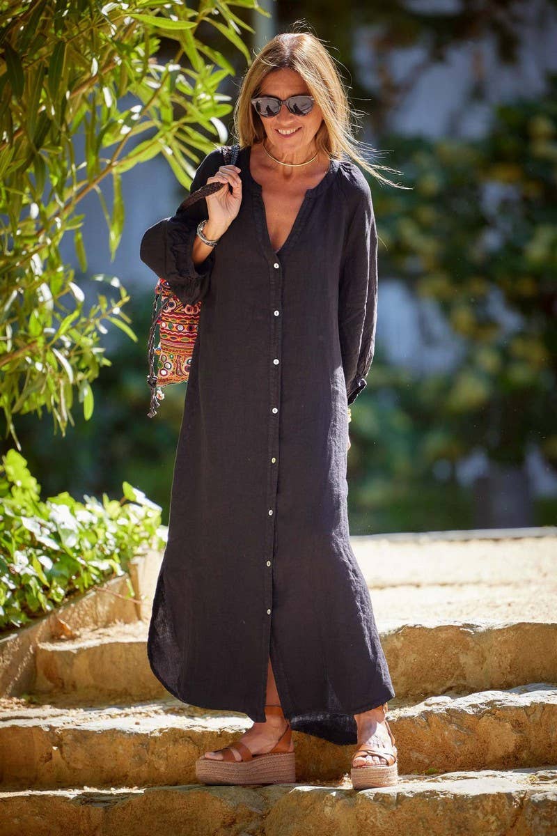 CWDMD6336_LINEN COTTON BUTTON DOWN SHIRT MAXI DRESS