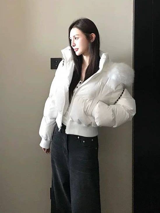 Design sense hooded wool collar cotton jacket