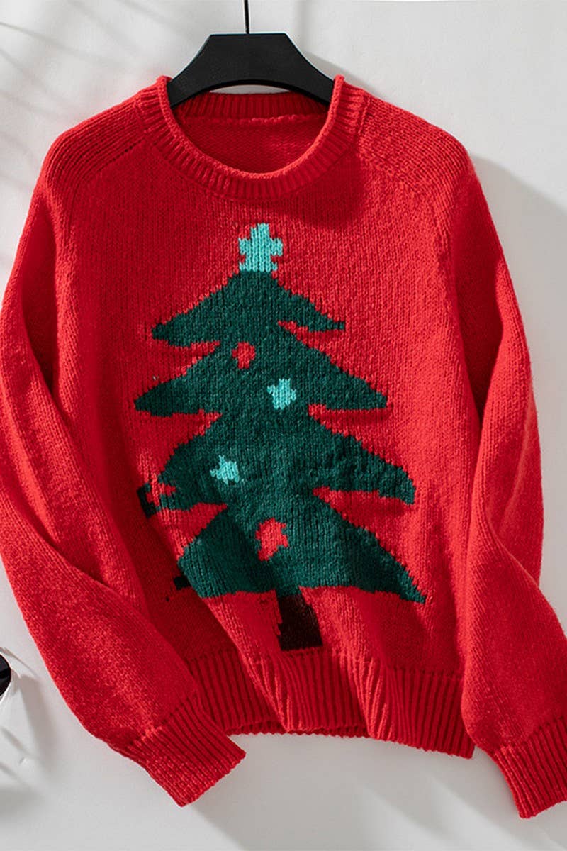 CWOSWL2835_CHRISTMAS TREE PRINT PULLOVER SWEATER