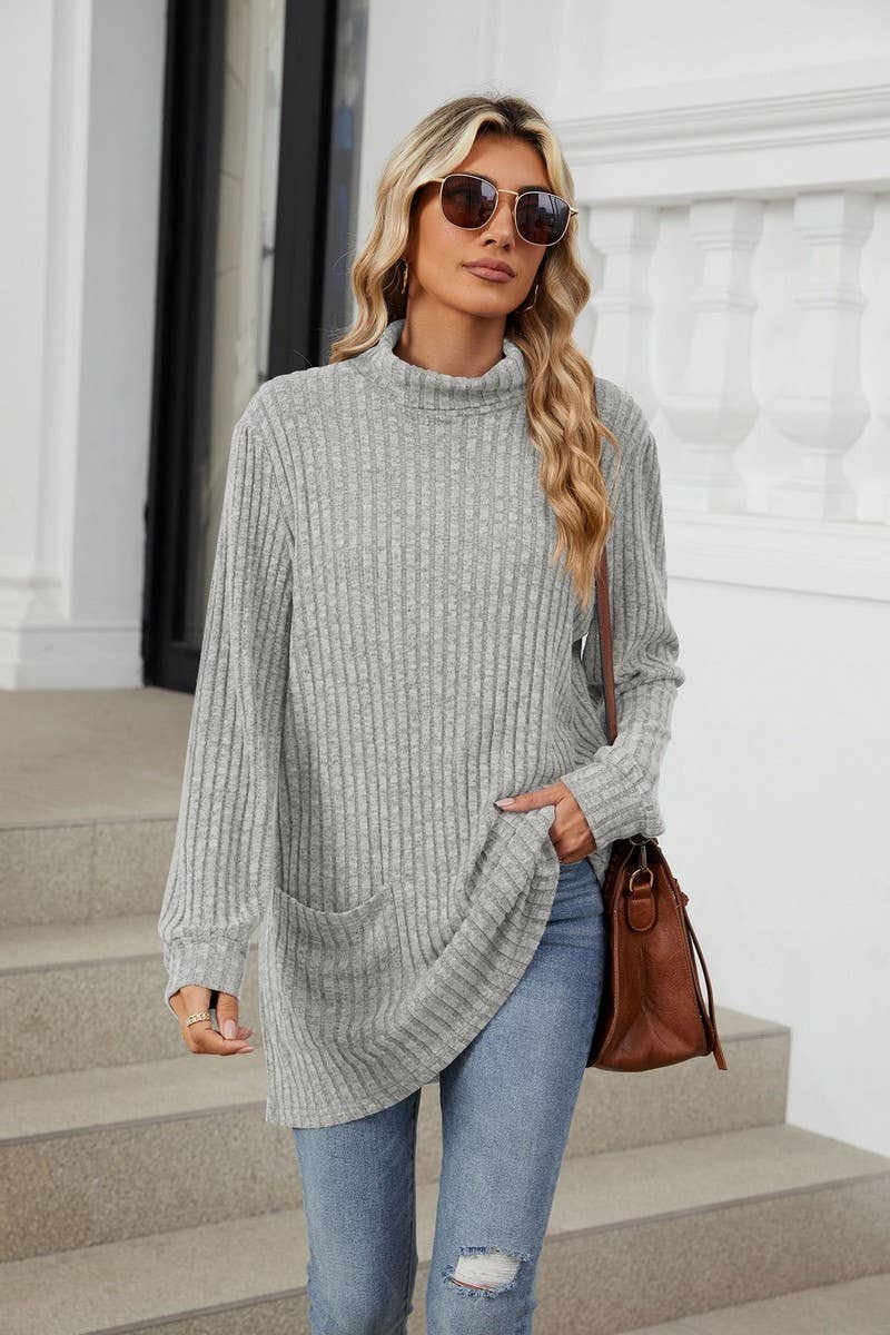 CWTBLL1856_HIGH NECK BRUSHED SOLID LONG SLEEVE POCKET TOP