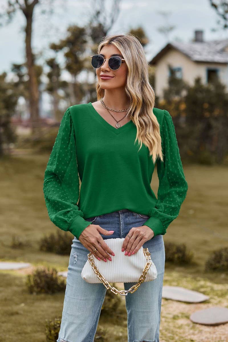 CWTBLL1047_LONG-SLEEVED V-NECK MESH PATCHWORK LOOSE TOP