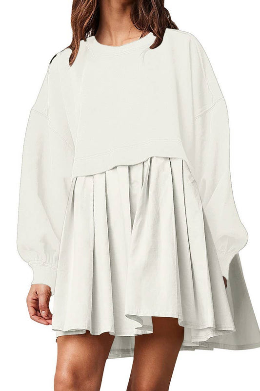 CWDSD10615_FAKE TWO-PIECE COLORBLOCK LOOSE PLEATED DRESS