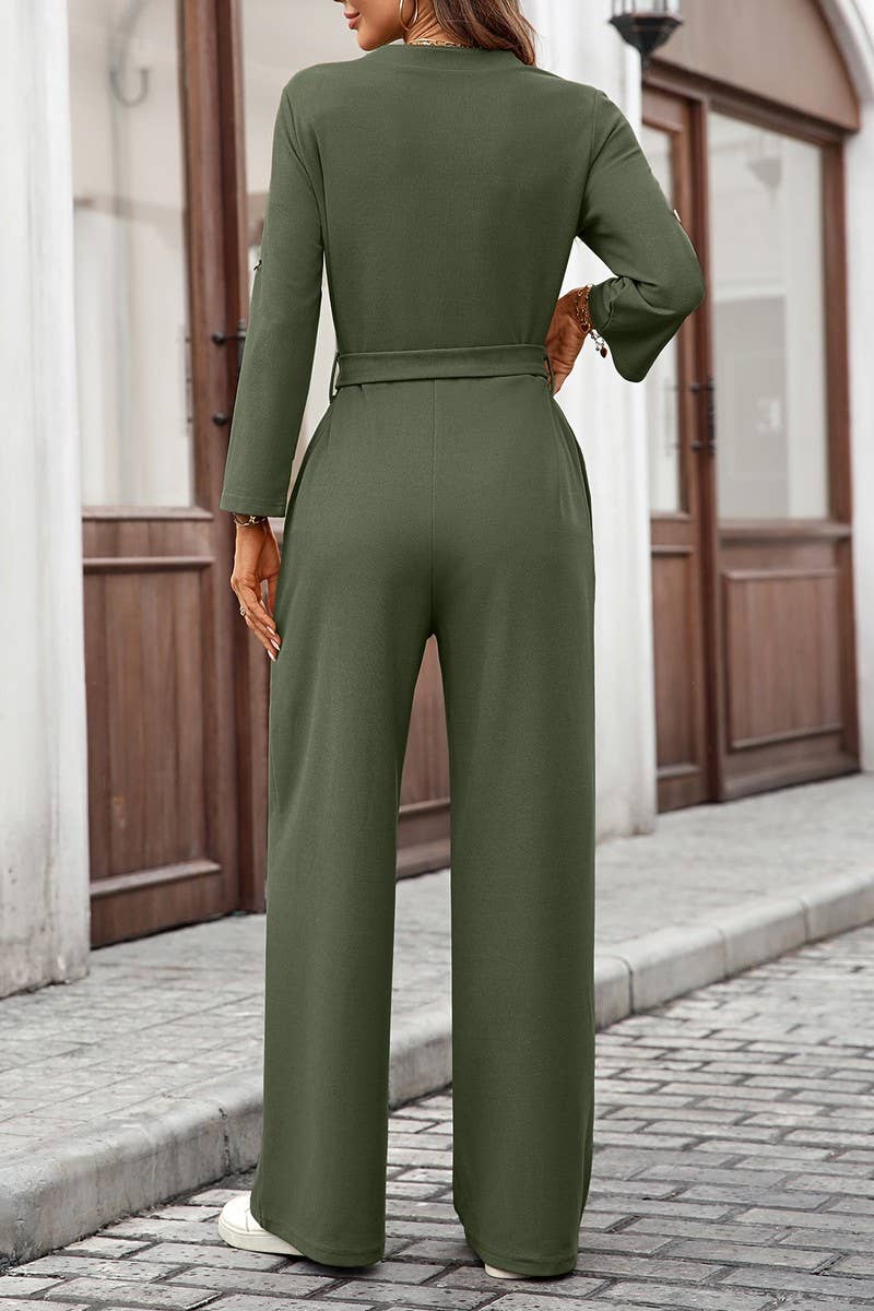 CWSJS00303_SOLID HIGH WAIST TIE BUTTON LONG SLEEVE JUMPSUIT