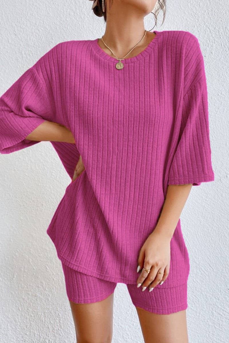 CWSTB1361_SOLID COLOR ROUND NECK LOOSE TOP AND SHORTS SET