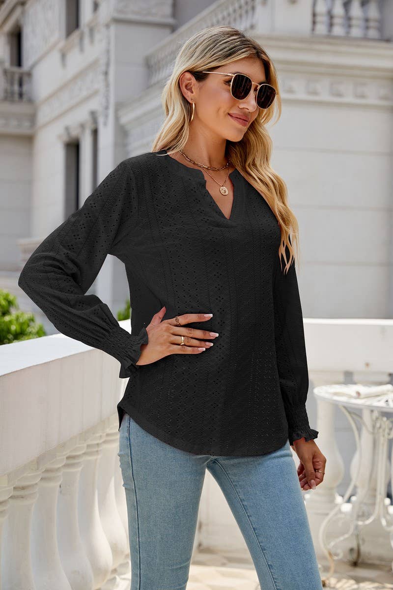 CWTBLL2407_V-NECK HOLLOW PLEATED LOTUS LEAF SLEEVE TOP