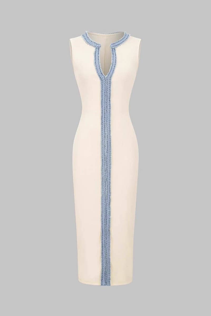 CWDSD8801_KNIT TEXTURE SLEEVELESS V-NECK SPLIT DRESS