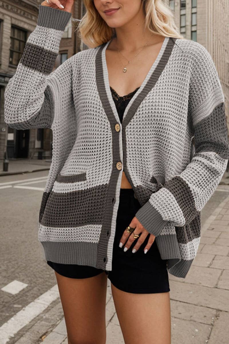 CWOSWL6741_V-NECK LONG SLEEVE COLOR MATCHING CARDIGAN