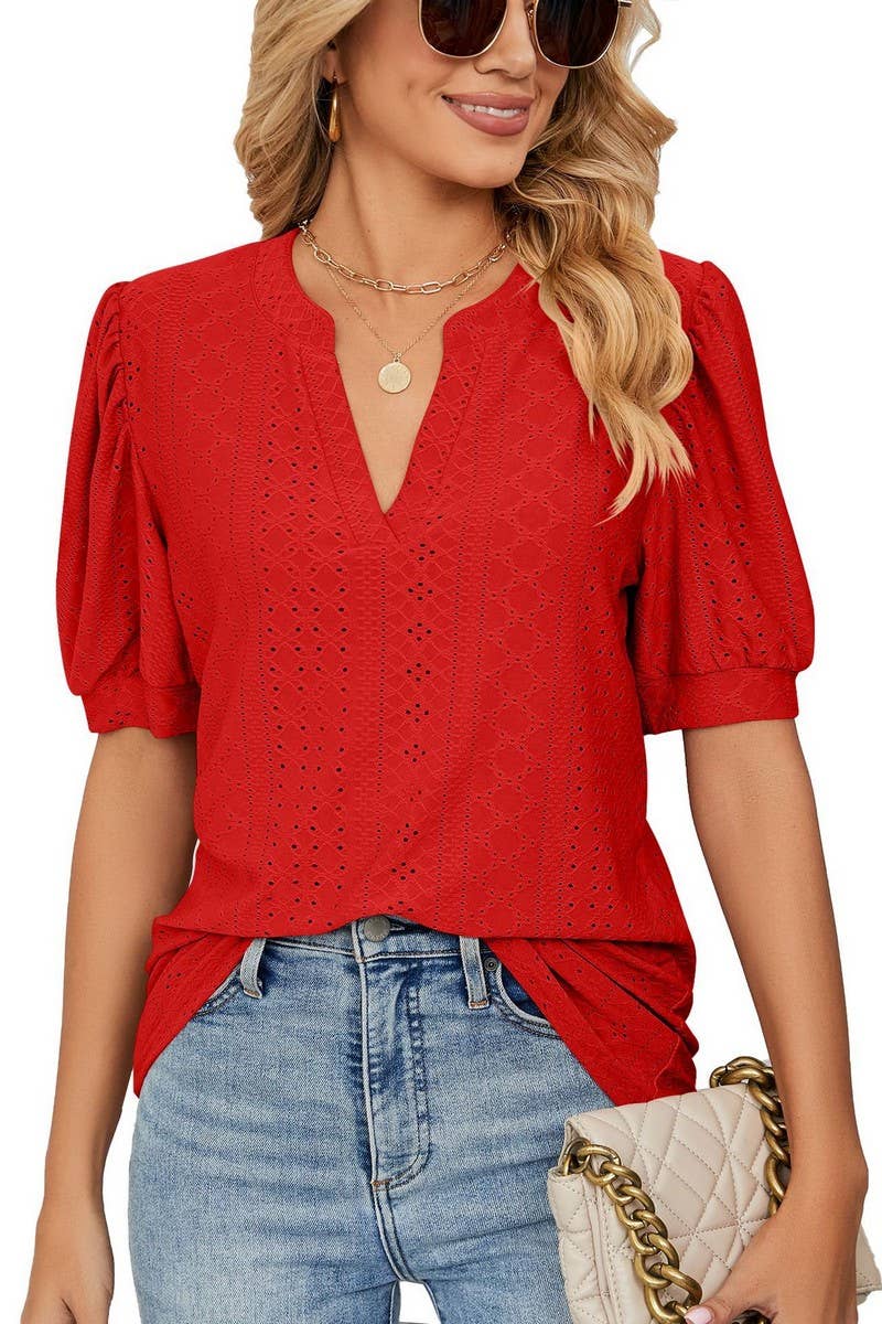 CWTTS1354_SUMMER CASUAL V-NECK SOLID COLOR LOOSE T-SHIRT