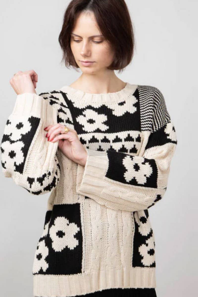 CWOSWL5800_SQUARE FLORAL LOOSE CREW NECK PULLOVER SWEATER