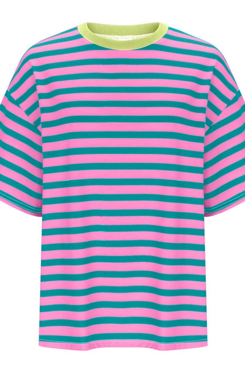 CWTTS1079_CASUAL ROUND NECK STRIPED PRINTED T-SHIRT
