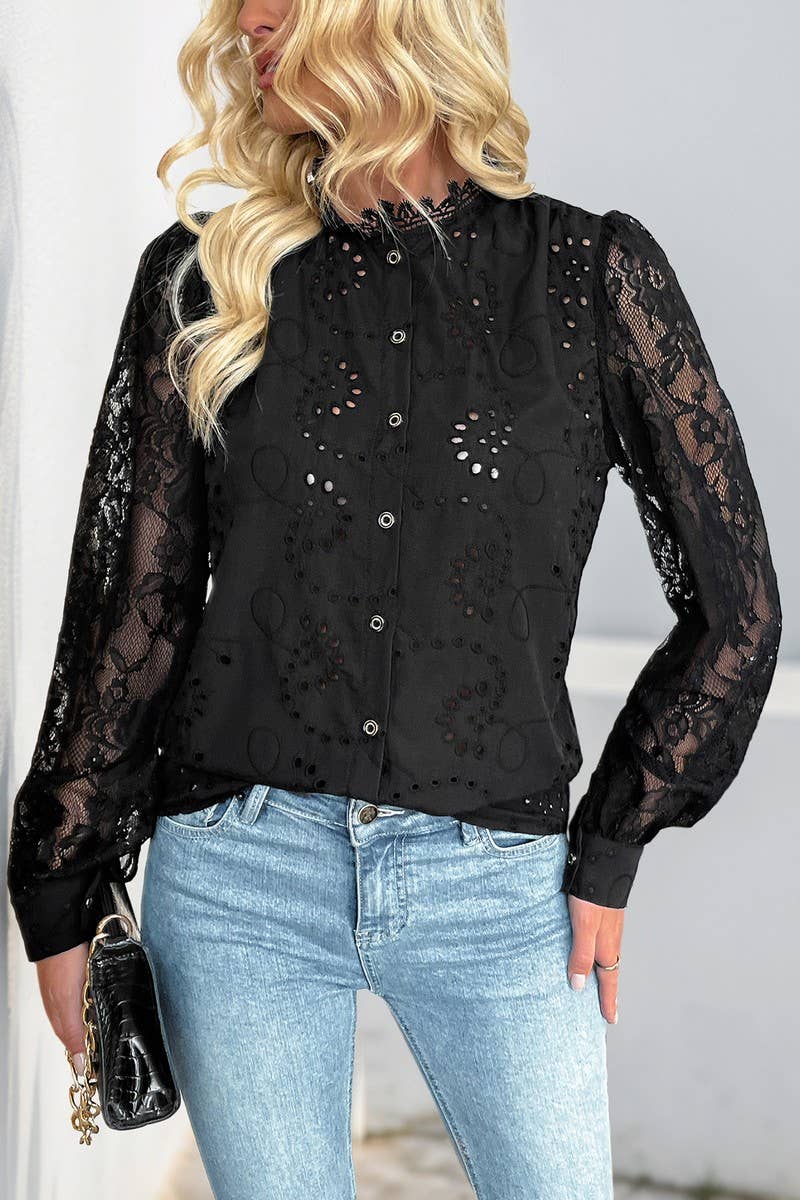 CWTBLL4076_SOLID LACE INSERT ELEGANT SHIRT BLOUSE