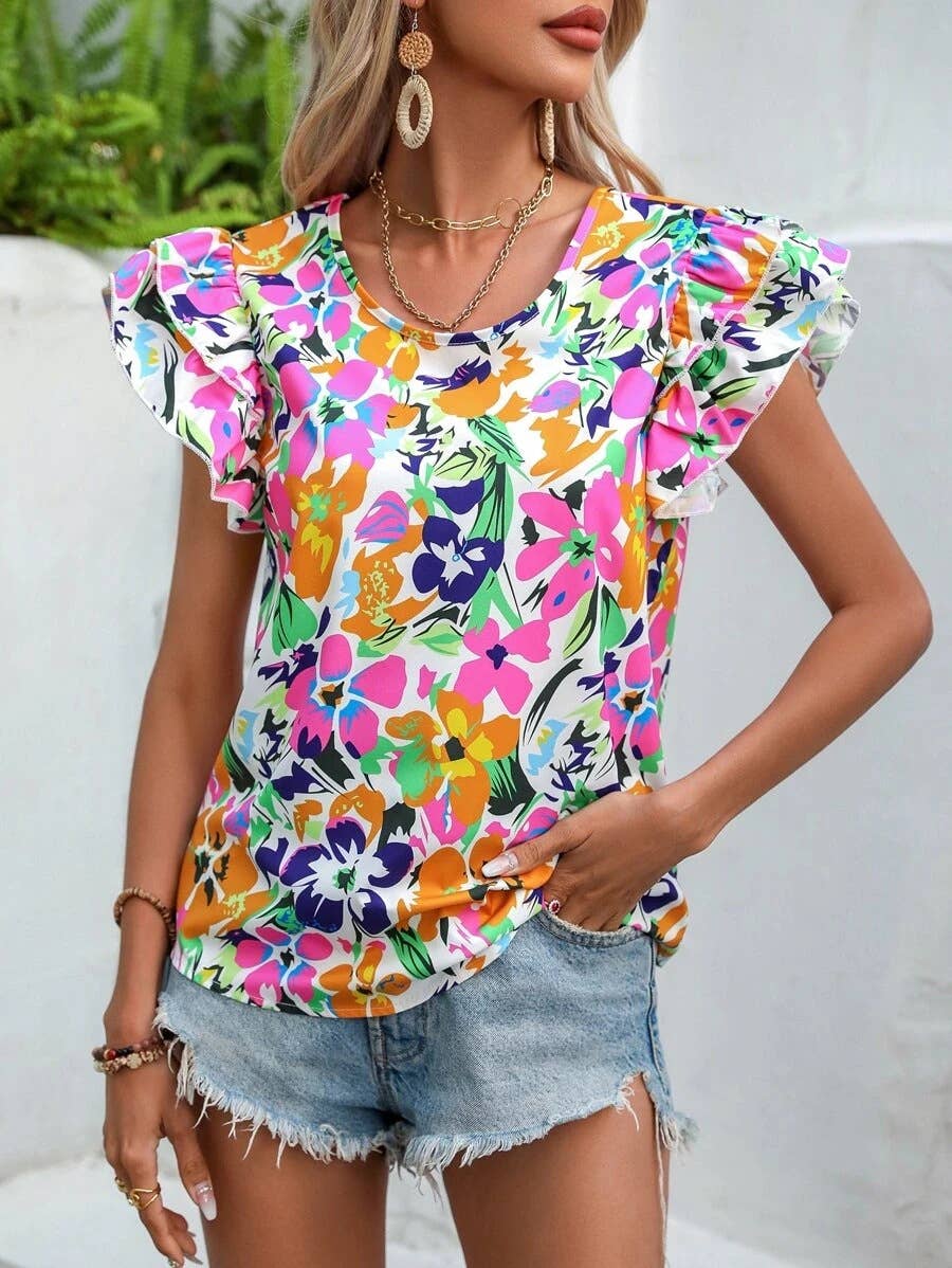 FLORAL DOUBLE-LAYER FLYING SHORT-SLEEVED SHIRT