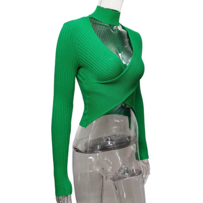 Cross-necked crop top knitted sweater