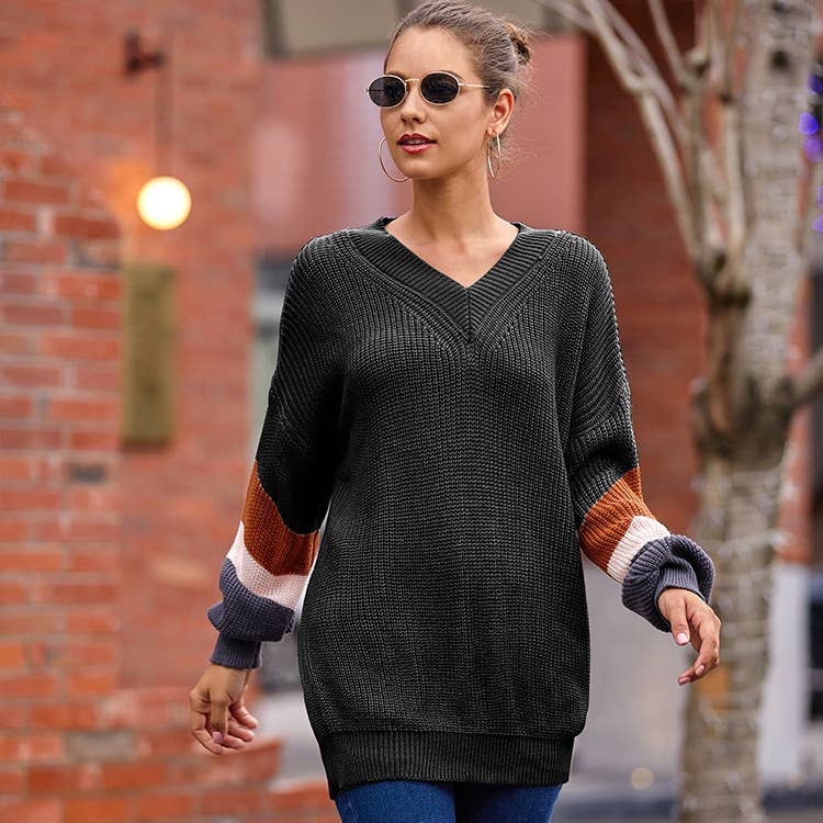 CHICKEN-NECKED LANTERN SLEEVE STRIPED SWEATER