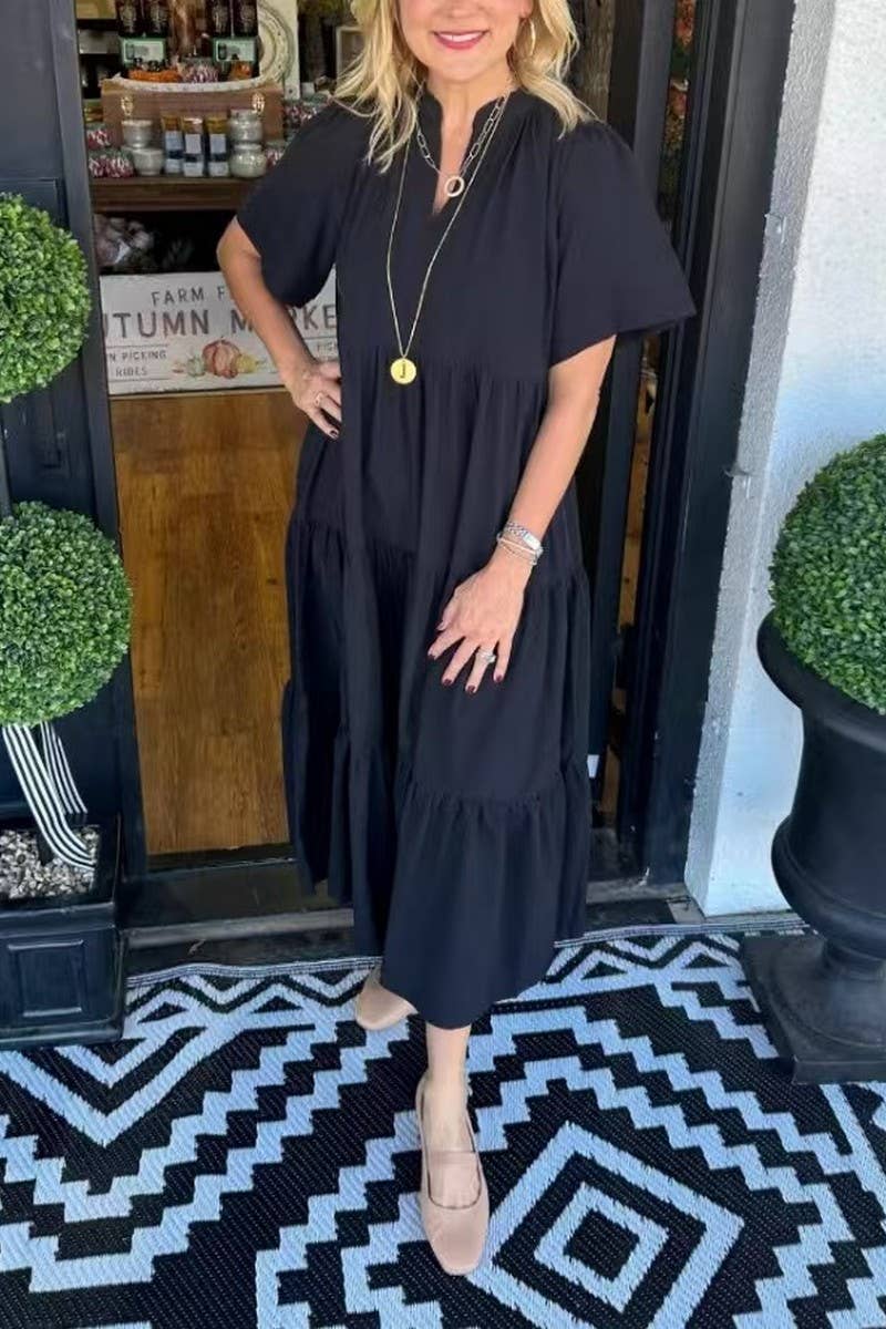 CWDMD6123_V-NECK LOOSE FIT CASUAL MIDI DRESS