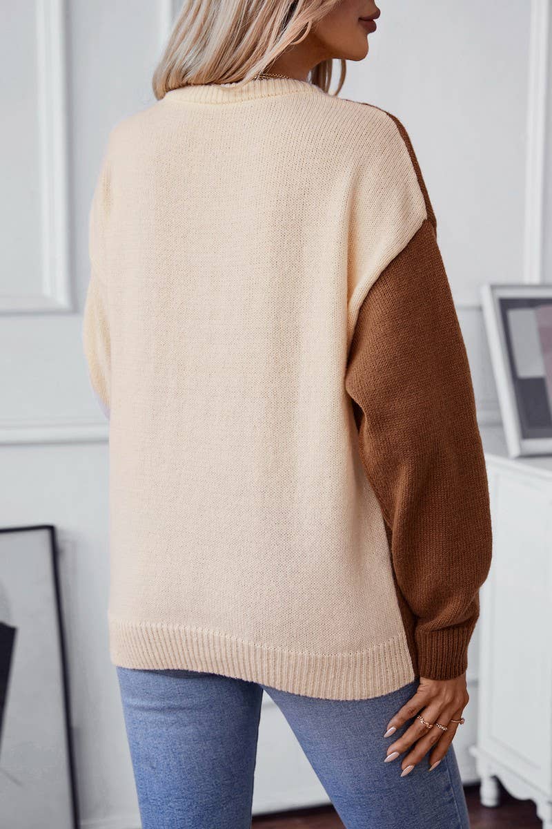 CWOSWL2880_CREW NECK CONTRAST CABLE SWEATER