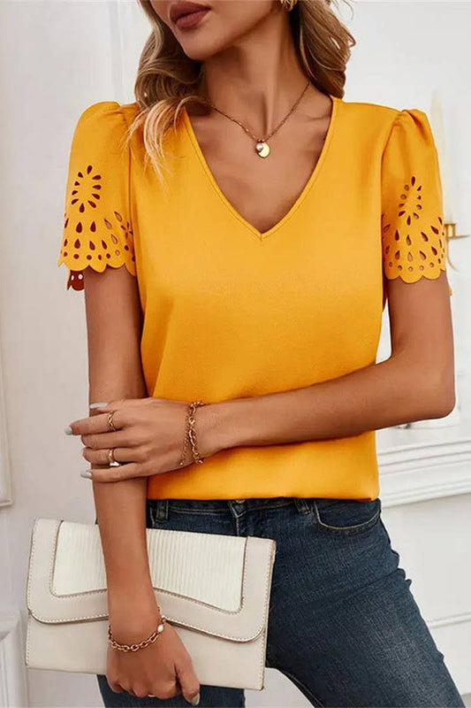 CWTTS1403_V-NECK COMMUTER HOLLOW SHORT-SLEEVED TOP