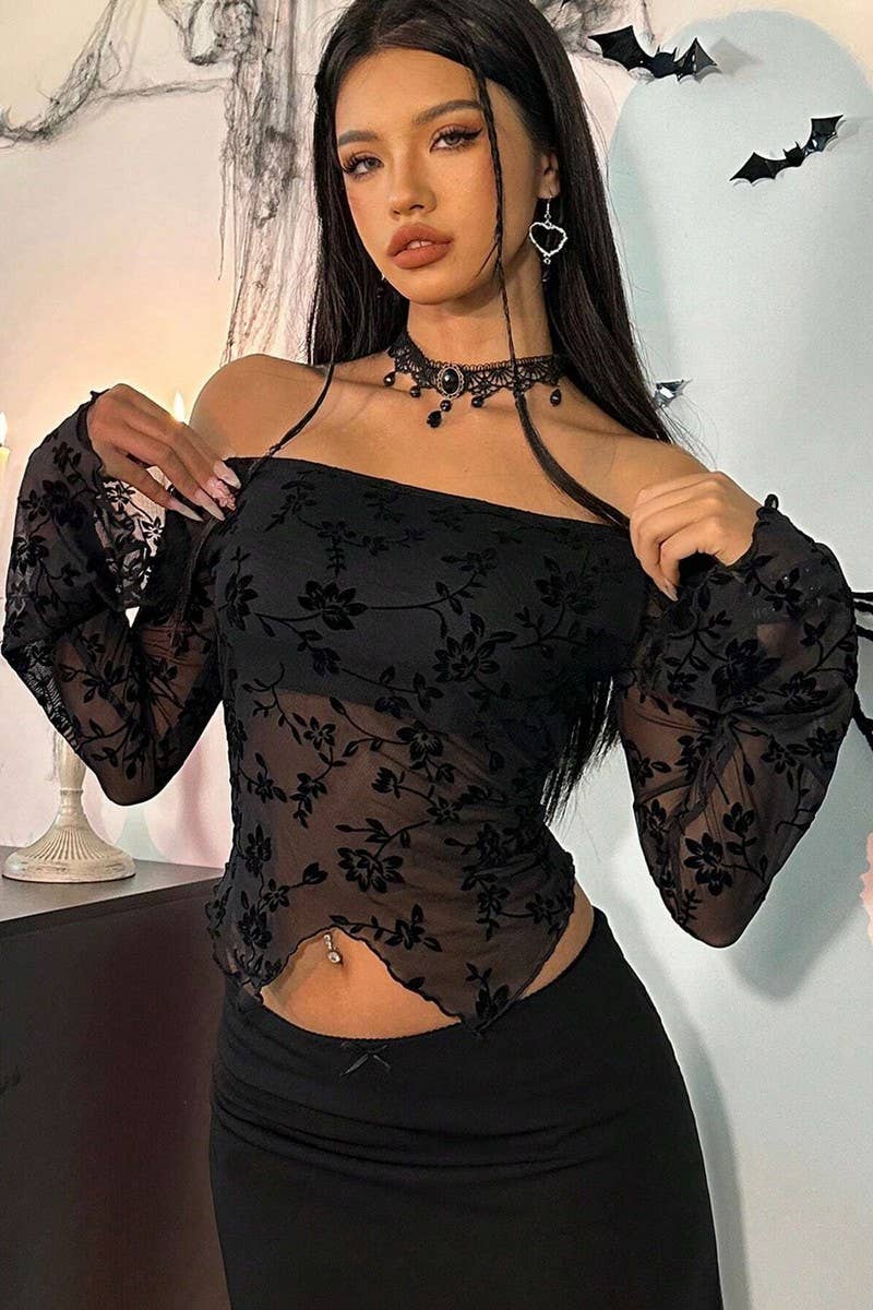 CWTBLL3529_FLORAL MESH OFF-THE-SHOULDER BELL SLEEVE TOP