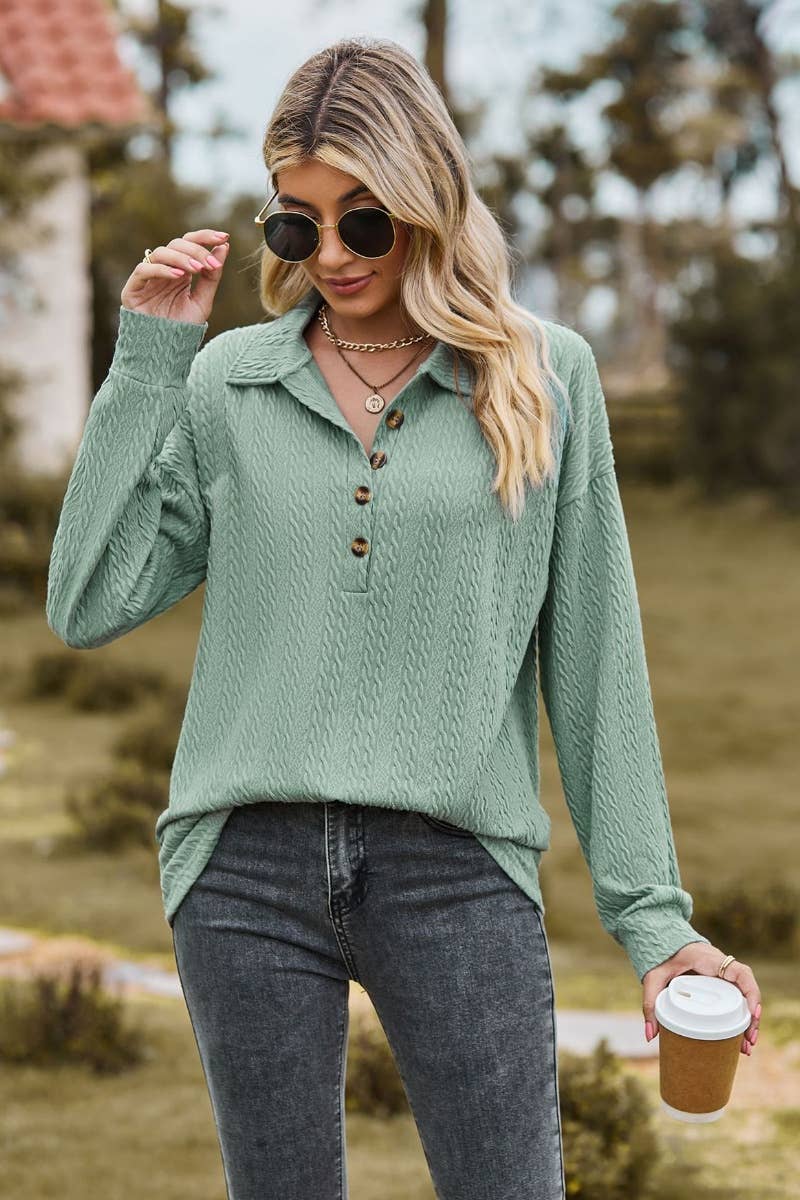 CWTBLL2803_LAPEL BUTTON-DOWN LONG-SLEEVED BAGGY TOP