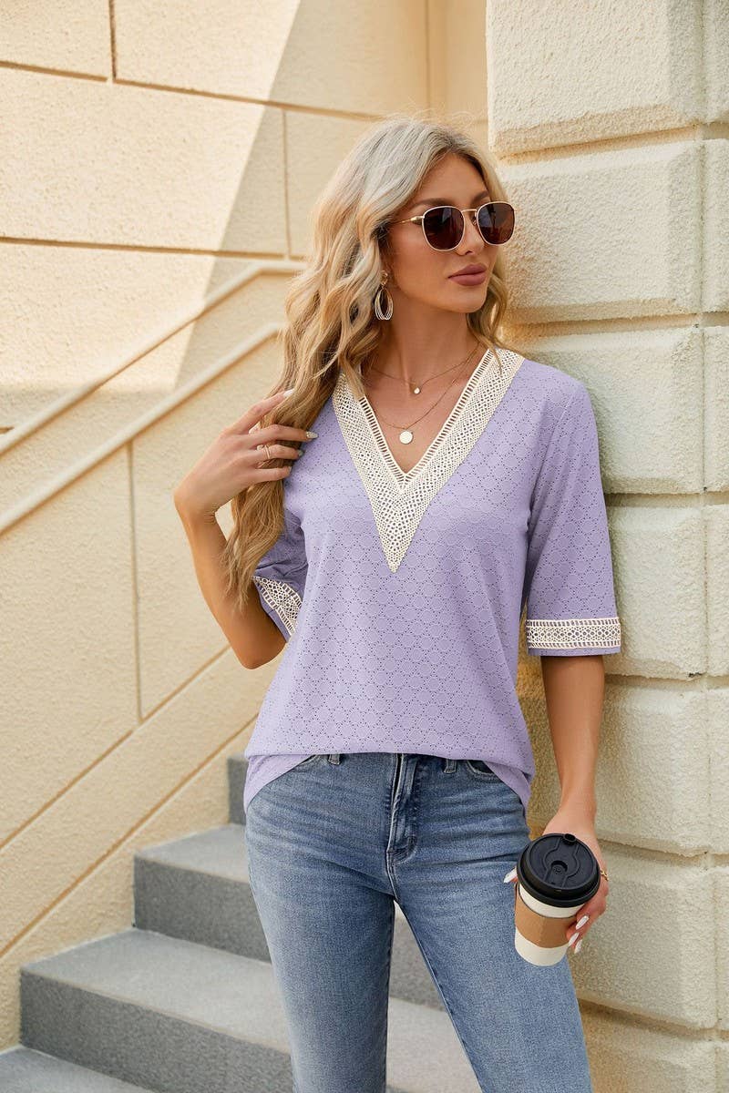 CWTTS0819_V-Neck Lace Trim Short Sleeve Knit Top