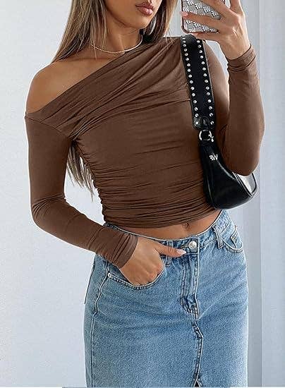 DIAGONAL SHOULDER ASYMMETRICAL SOLID COLOR TOP