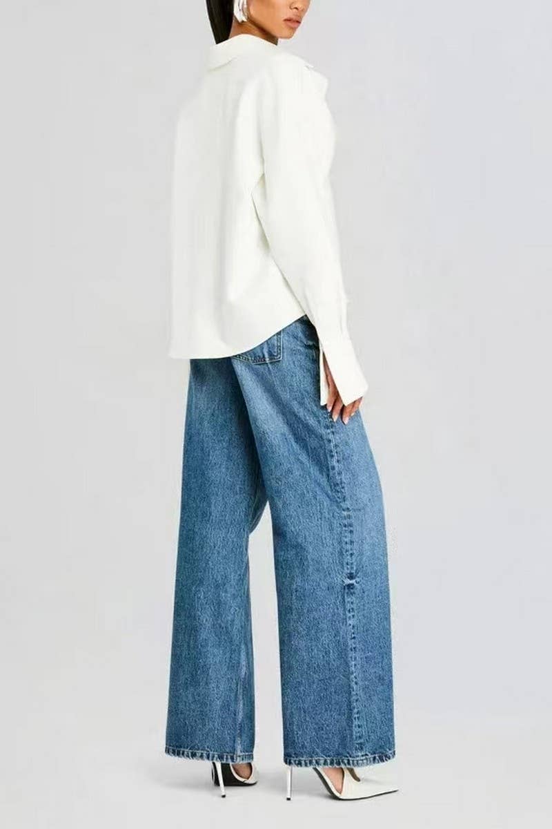 CWTSTL2883_WHITE CROPPED ASYMMETRICAL FASHION SHIRT