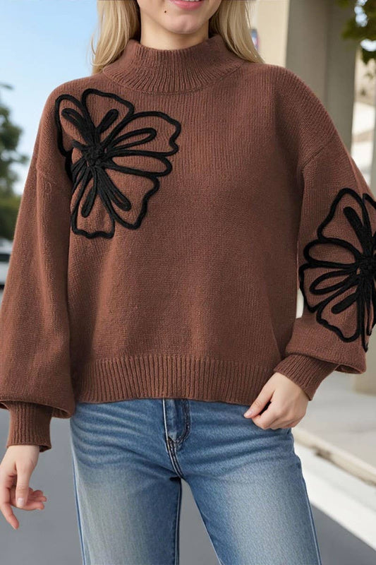 CWOSWL07331_WOMEN RIBBON EMBROIDERED LANTERN SLEEVE SWEATER