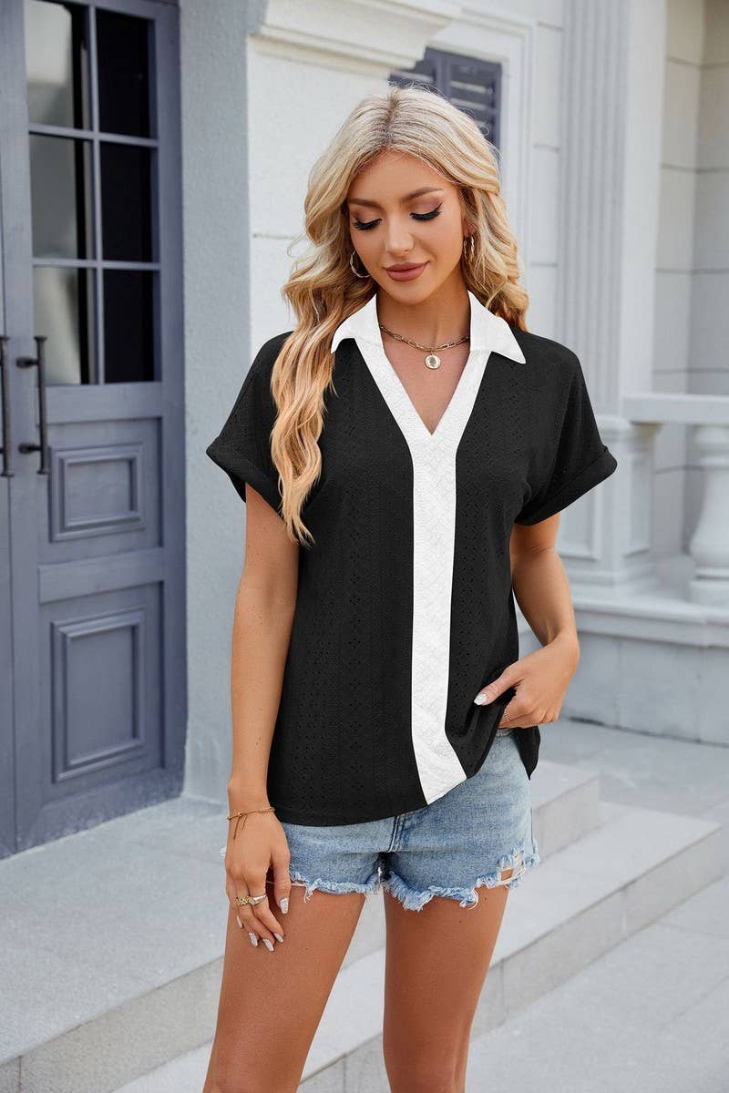 CWTTS0832_V-Neck Short Sleeve Knit Top