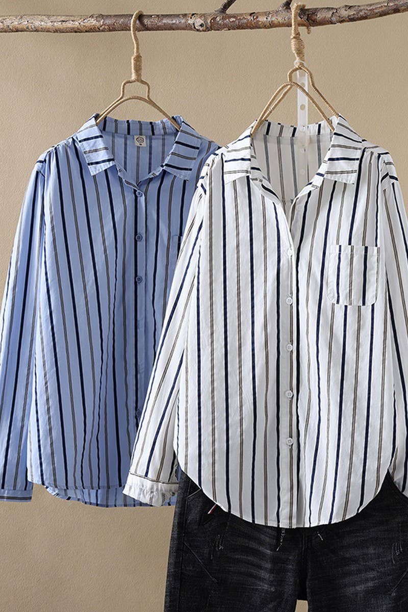 CWTSTL2247_STRIPED COTTON LOOSE CASUAL SHIRT TOP