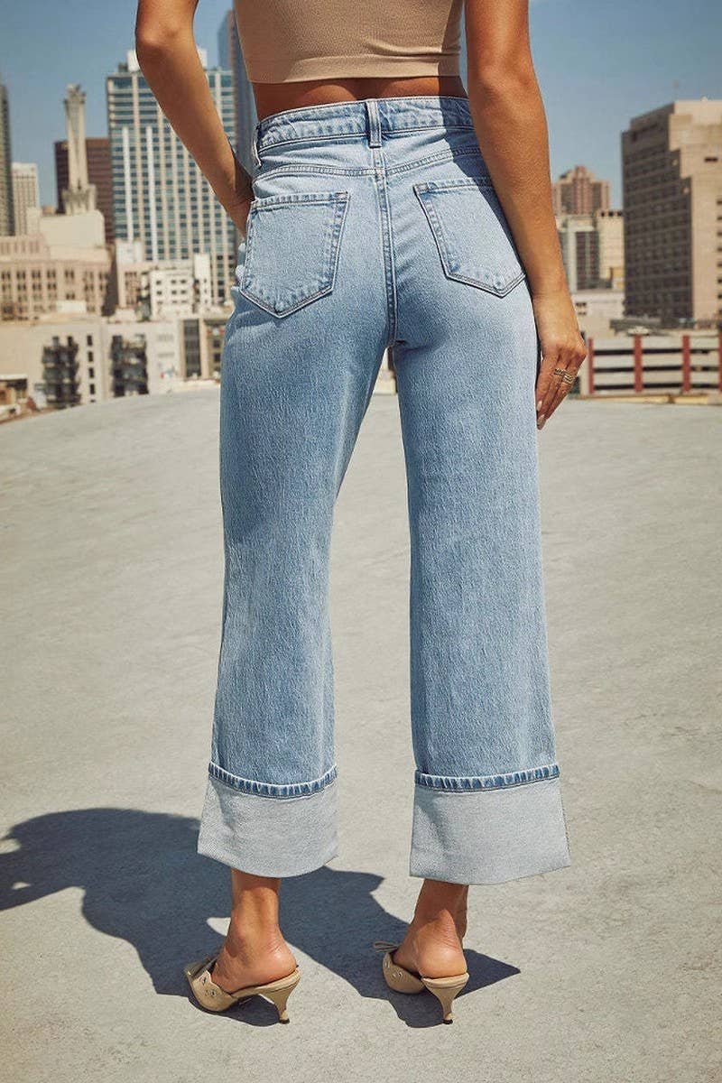 CWJP0583_ROLLED HEM HIGH WAIST STRAIGHT LEG JEANS