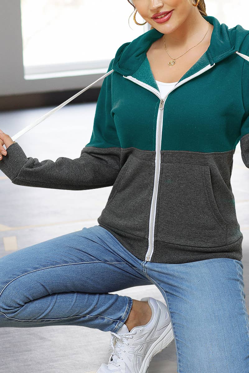 CWOHOL215-P_2 COLOR BLOCK ZIP-UP 2 SIDE POCKETS HOODED