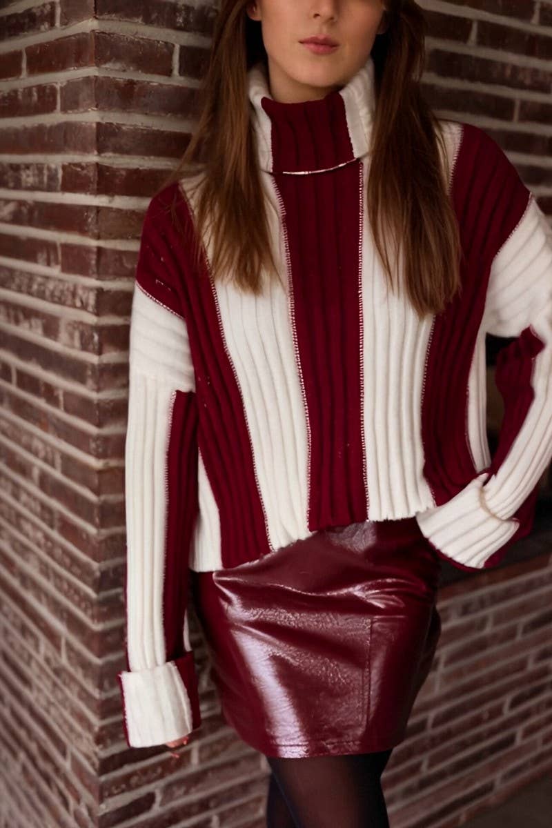 CWOSWL6947_STRIPED KNIT PATCHWORK TURTLENECK SWEATER