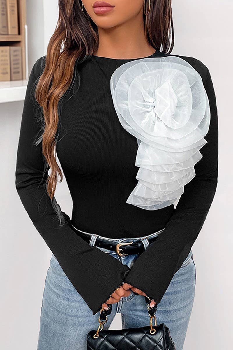 CWSBSL0171_BLACK LONG SLEEVE JUMPSUIT WITH 3D FLOWER DETAIL