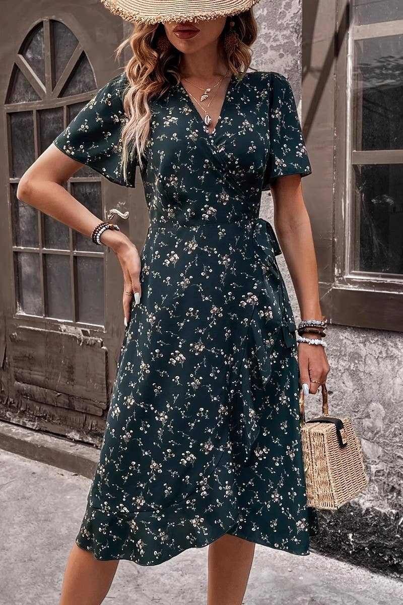 CWDMD6330_SUMMER FRENCH FLORAL SEXY LACE-UP WAIST DRESS