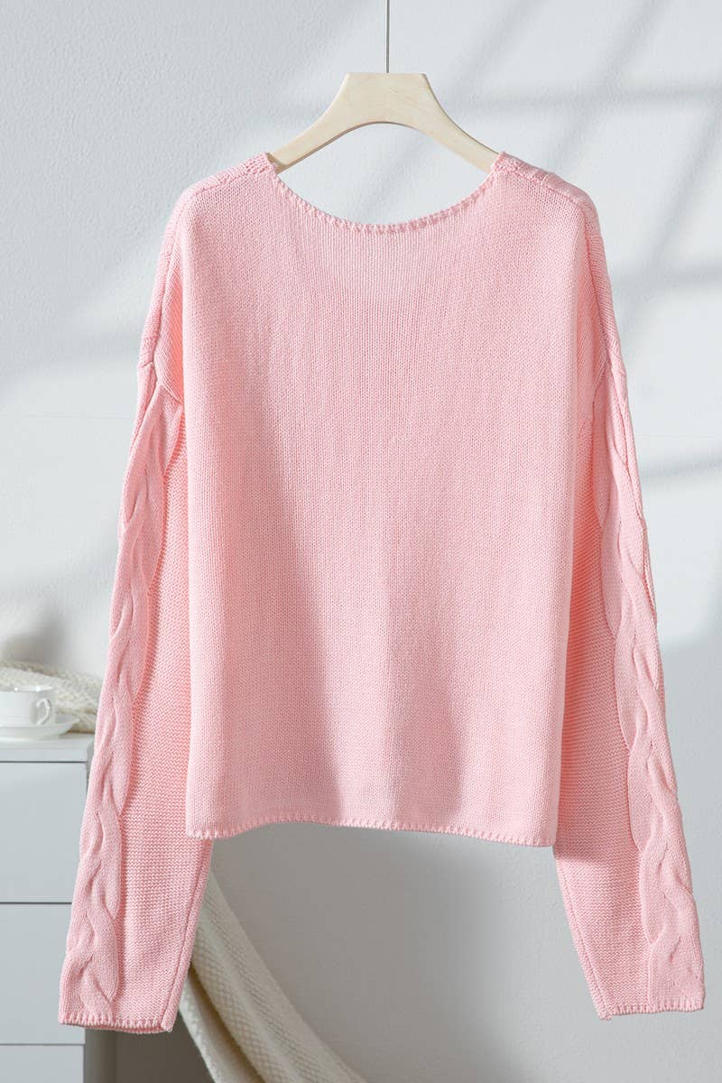 CWOSWL07422_LOOSE V NECK CABLE KNIT PULLOVER SWEATER