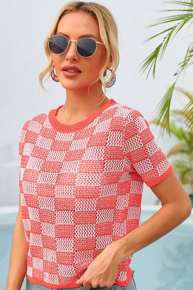 CWTBLS1750_SUMMER PLAID HOLIDAY CASUAL CREW NECK SHIRT