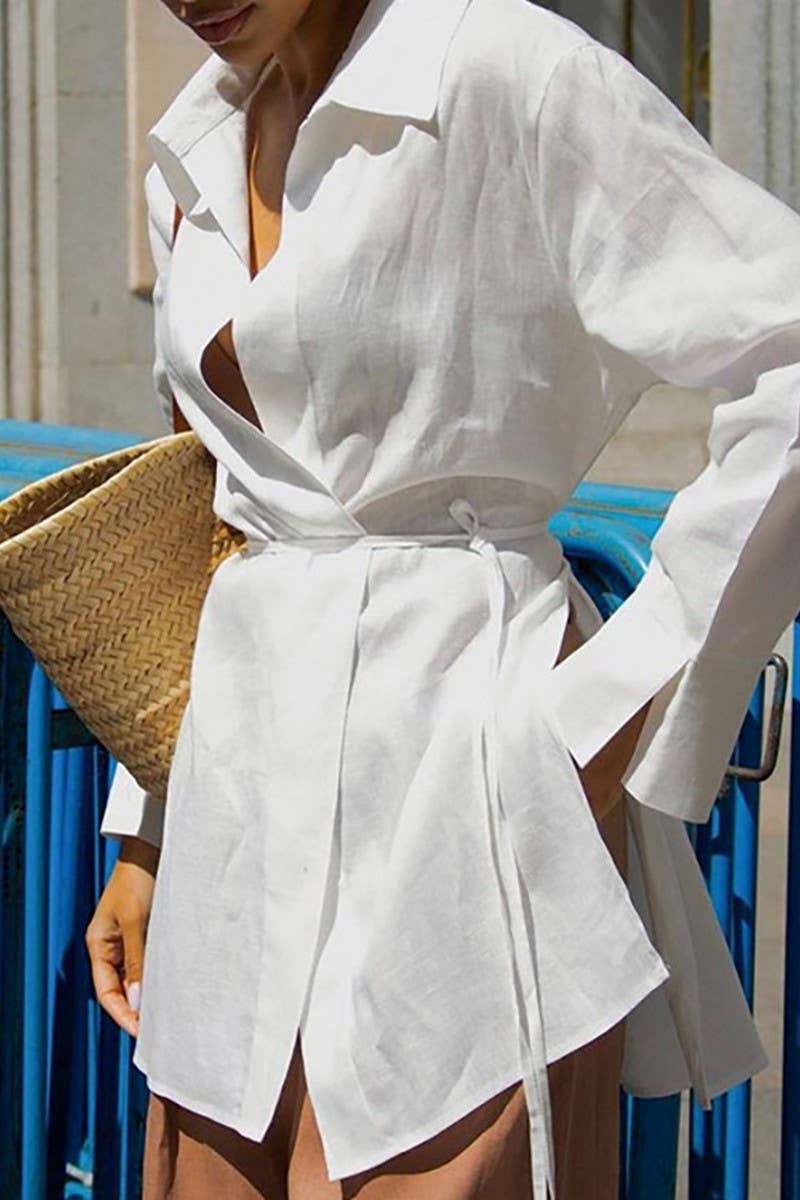 CWTSTL2611_LONG-SLEEVED TIE WAIST SLIT COMMUTER SHIRT