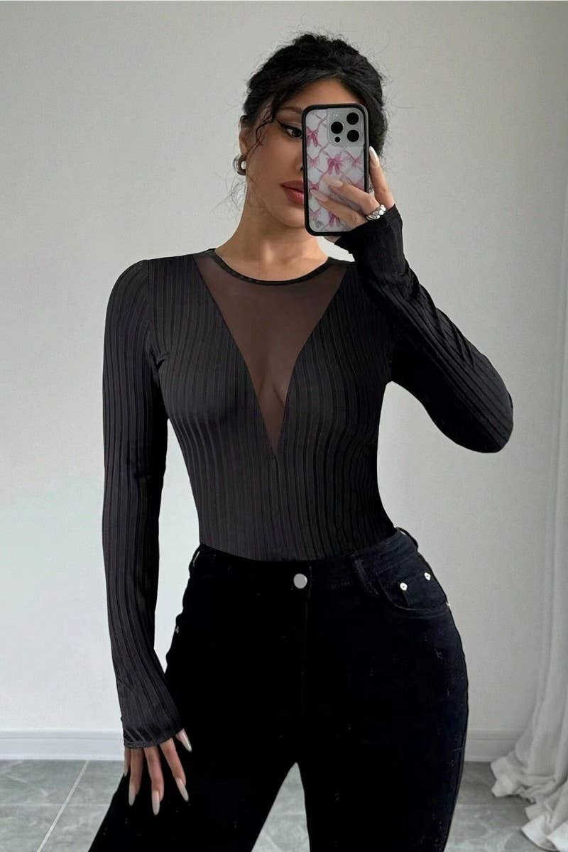 CWTBLL3506_LONG-SLEEVED MESH STITCHING HOLLOW TOP