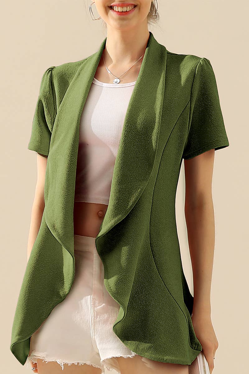 CWOBL095-P_Short Sleeve Open Front Draped Ruffles Blouses