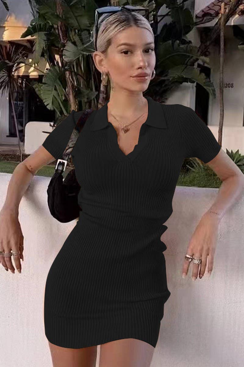 CWDSD7459_RIBBED DEEP V LAPEL SHORT SLEEVE BODYCON DRESS