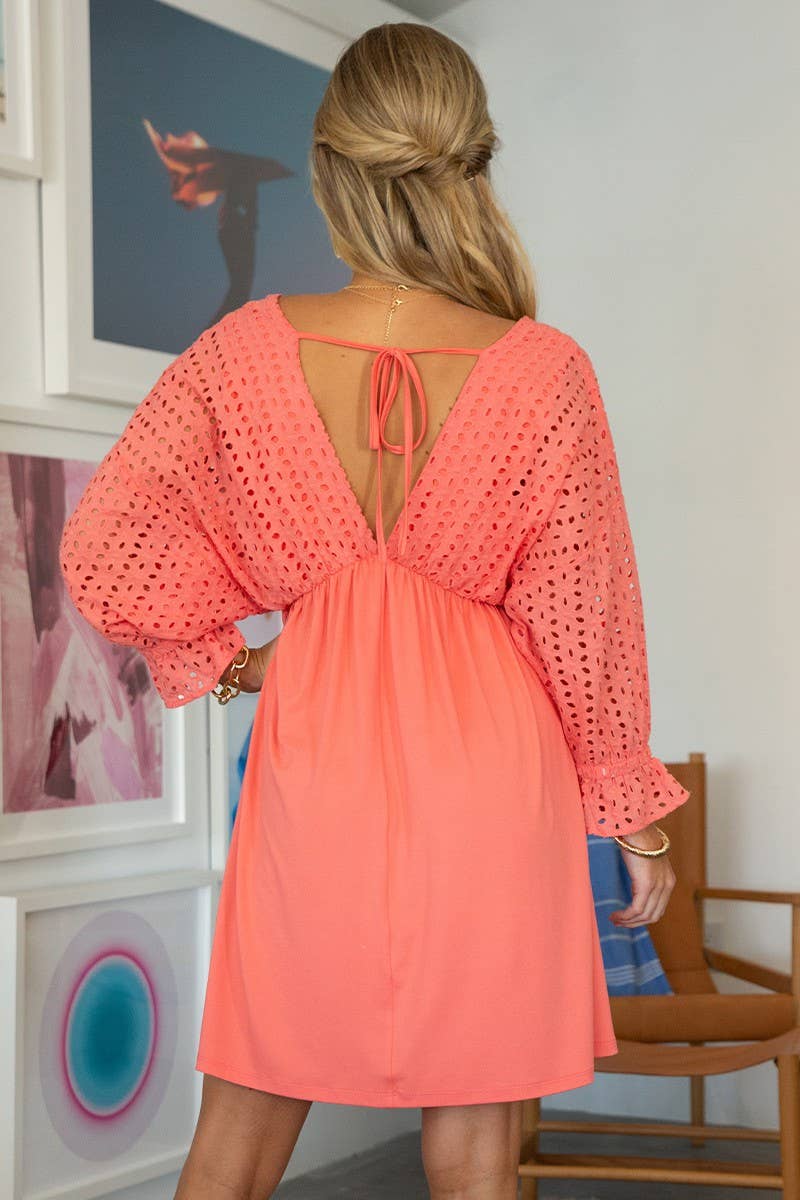 CWDSD10370_COTTON EYELET CONT BODICE WITH 3/4 SLEEVE DRESS