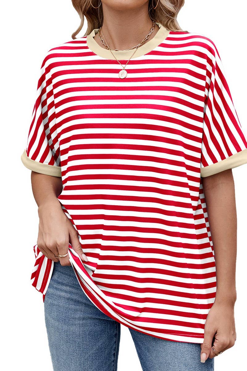 CWTTS1343_SUMMER STRIPED CONTRAST LOOSE SHORT SLEEVES