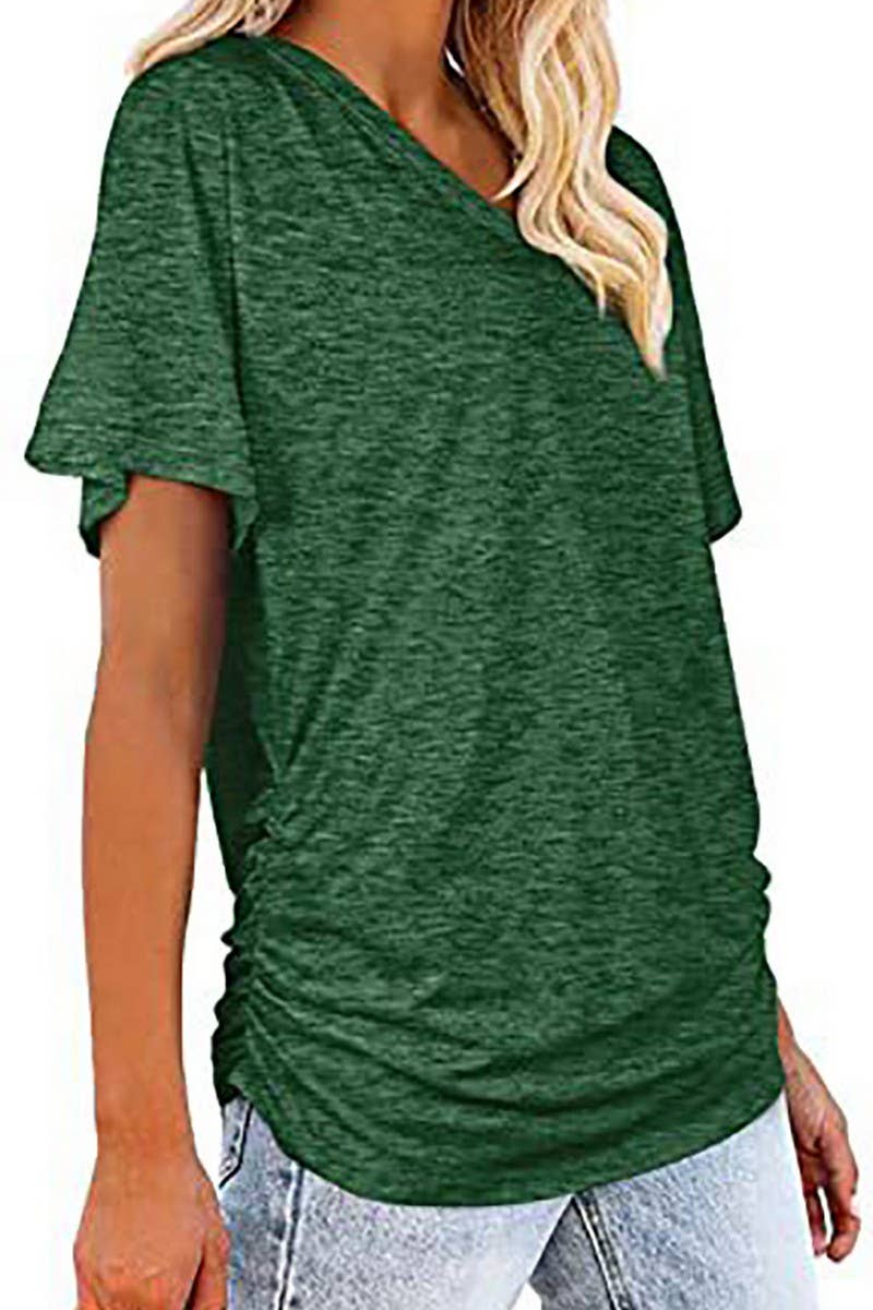 CWTTS1178_V-NECK SOLID COLOR CASUAL LOOSE TOP